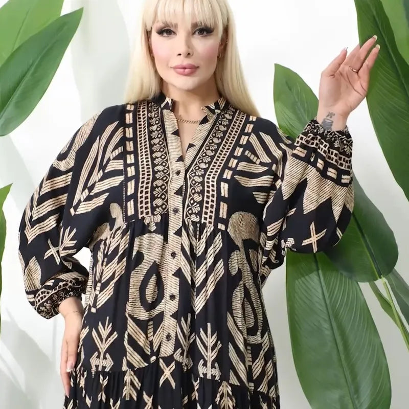 Abito Lungo Etnico "Sahara" – Nero e Oro