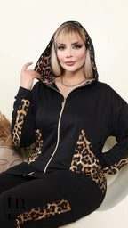 Completo Felpa con Cappuccio e Pantalone "Savana" – Nero e Leopardato