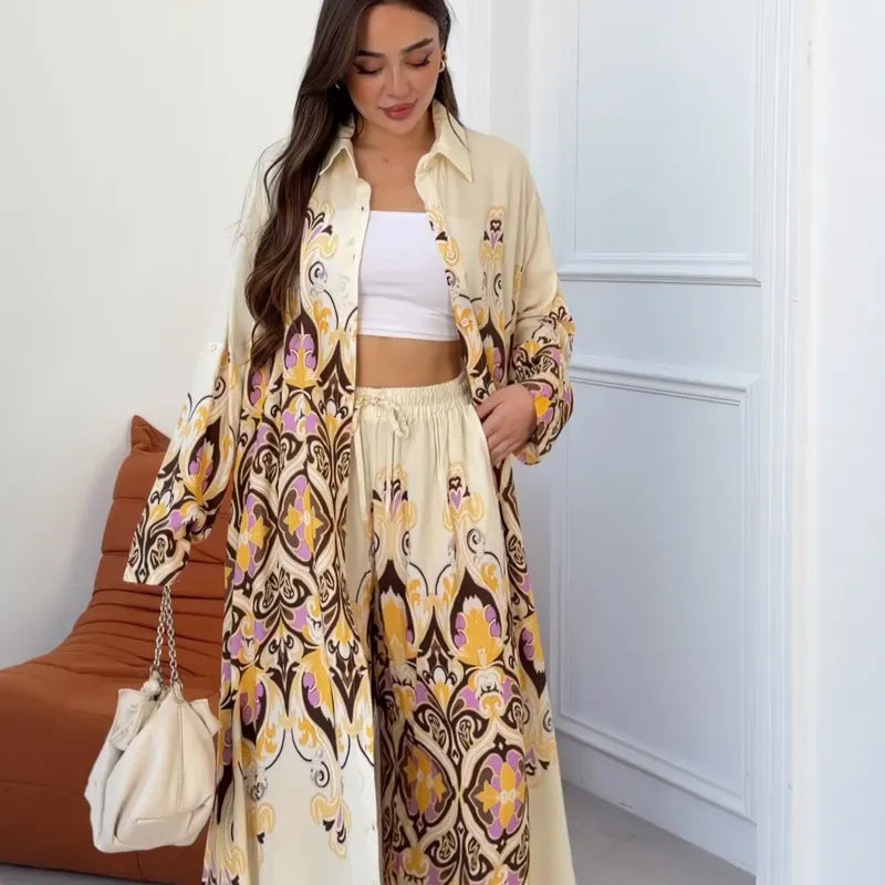 Completo Kimono e Pantalone "Capri" – Crema Stampato