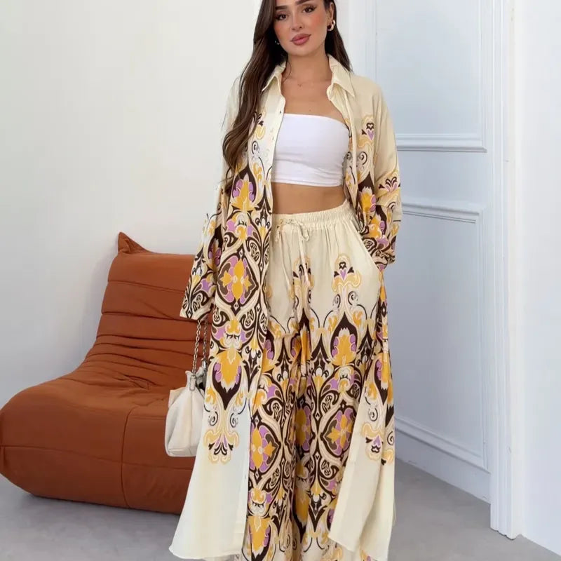 Completo Kimono e Pantalone "Capri" – Crema Stampato