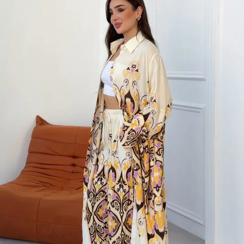 Completo Kimono e Pantalone "Capri" – Crema Stampato